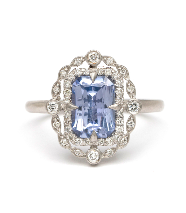 Vintage Inspired Platinum Blue Sapphire Double Diamond Halo Boho Engagement Ring
