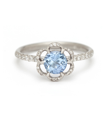 Platinum Blue Sapphire Pave Diamond Bohemian Engagement Ring designed by Sofia Kaman handmade in Los Angeles
