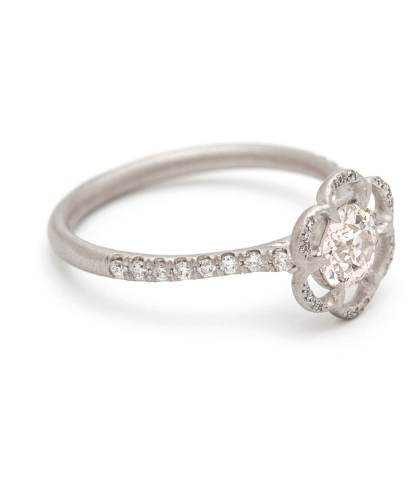 Platinum Old Mine Cut Avilan Diamond Pave Band Flower Engagement Ring