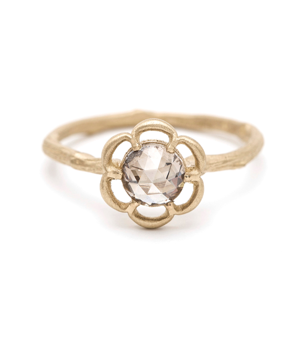 Gold Rose Cut Diamond Flower Twig Band Engagement Stacking Ring