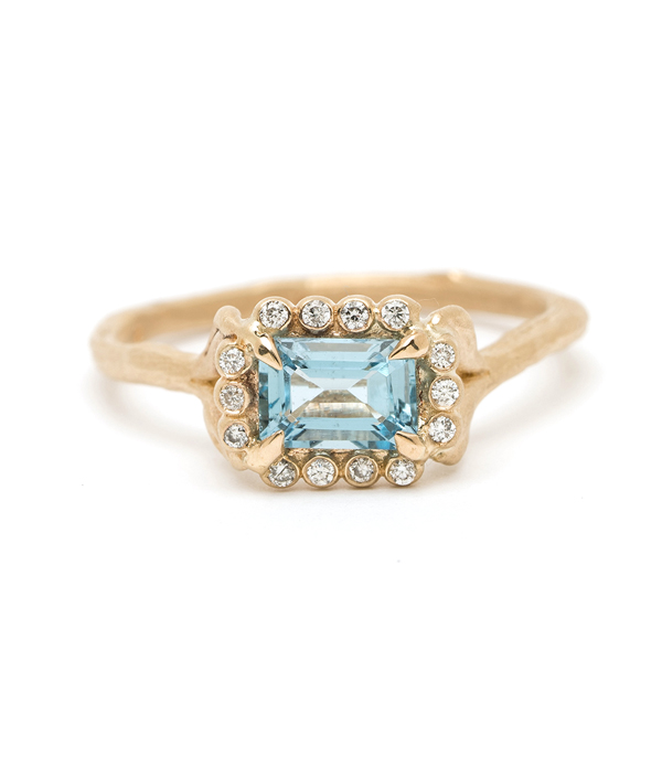 18K Matte Yellow Gold Emerald Cut Aquamarine Natural Inspired Diamond Halo Twig Band Boho Ring designed by Sofia Kaman handmade in Los Angeles using our SKFJ ethical jewelry process.