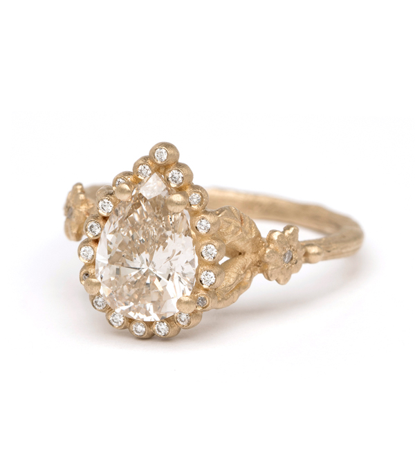 Matte Gold Pear Cut Champagne Diamond Twig Band Boho Engagement Ring