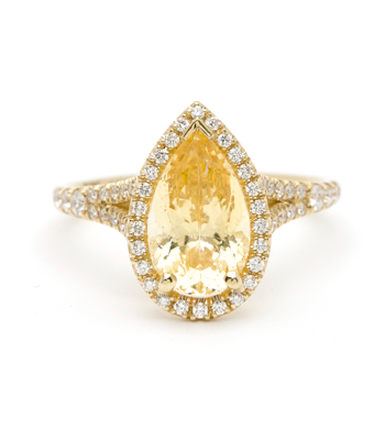18K Gold Pear Shaped Yellow Sapphire Pave Diamond Bohemian Engagement Ring designed by Sofia Kaman handmade in Los Angeles