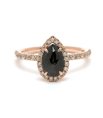 14K Rose Gold Pear Shape Rose Cut Black Diamond Halo Pave Band One of a Kind Bohemian Engagement Ring designed by Sofia Kaman handmade in Los Angeles