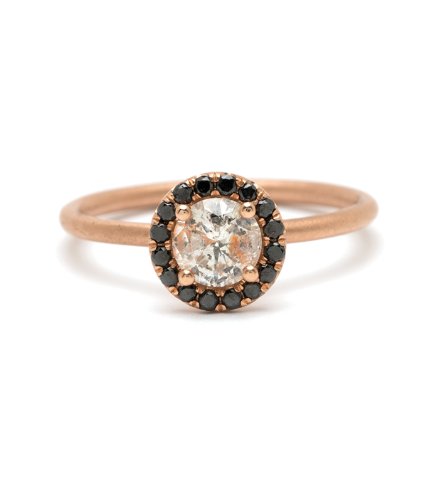 14K Rose Gold Black Diamond Halo Salt and Pepper Diamond Boho Ethical Engagement Ring designed by Sofia Kaman handmade in Los Angeles using our SKFJ ethical jewelry process. This piece has been sold and is in the SK Archive.