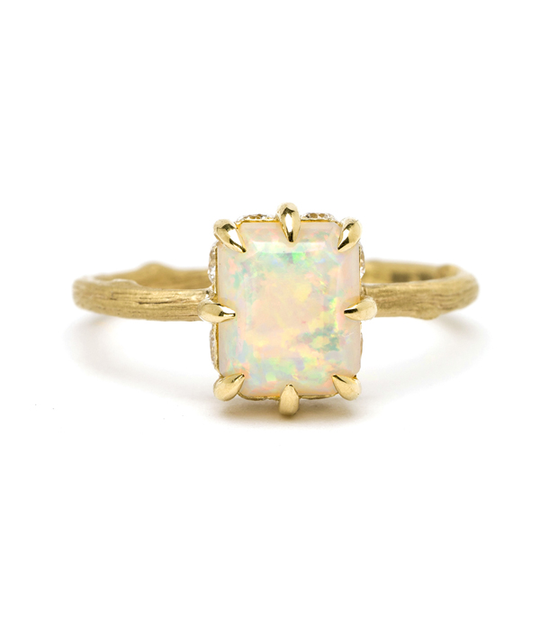 18K Matte Gold One of a Kind Twig Band Australian Opal Diamond Accent Boho Engagement Ring designed by Sofia Kaman handmade in Los Angeles using our SKFJ ethical jewelry process. This piece has been sold and is in the SK Archive.