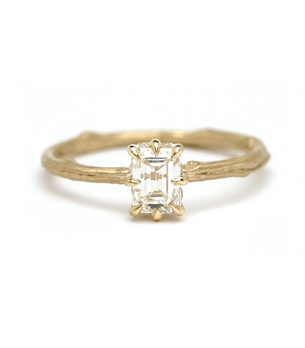 18K Matte Gold Twig Band Emerald Cut Diamond Boho Engagement Ring designed by Sofia Kaman handmade in Los Angeles using our SKFJ ethical jewelry process. This piece has been sold and is in the SK Archive.