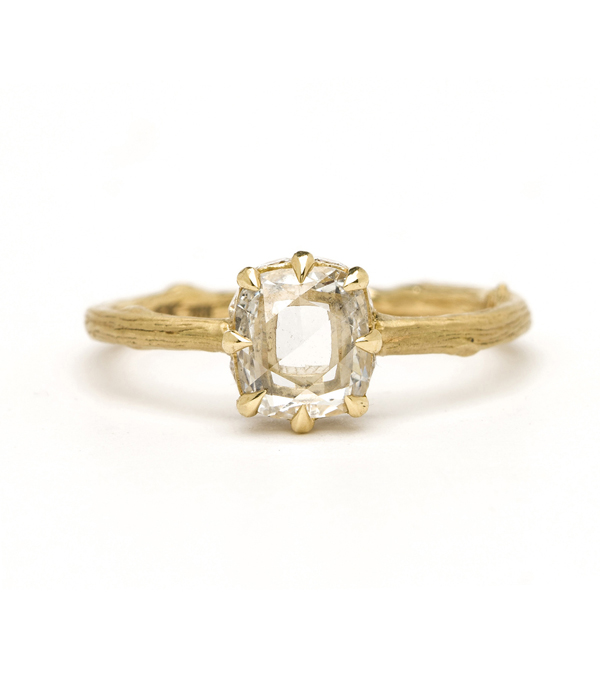 18K Gold Twig Band Rose Cut Diamond One of a Kind Boho Engagement Ring designed by Sofia Kaman handmade in Los Angeles using our SKFJ ethical jewelry process. This piece has been sold and is in the SK Archive.
