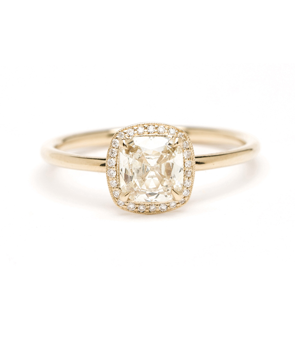 14K Shiny Gold Cushion Cut Diamond Halo One of a Kind Engagement Ring designed by Sofia Kaman handmade in Los Angeles using our SKFJ ethical jewelry process. This piece has been sold and is in the SK Archive.