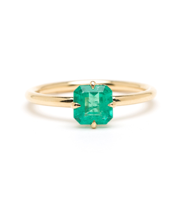 One of a Kind Emerald Solitaire Boho Engagement Ring designed by Sofia Kaman handmade in Los Angeles