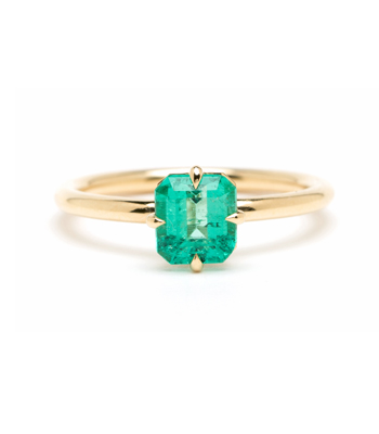 14K Shiny Gold Unique Emerald Solitaire Engagement Ring designed by Sofia Kaman handmade in Los Angeles