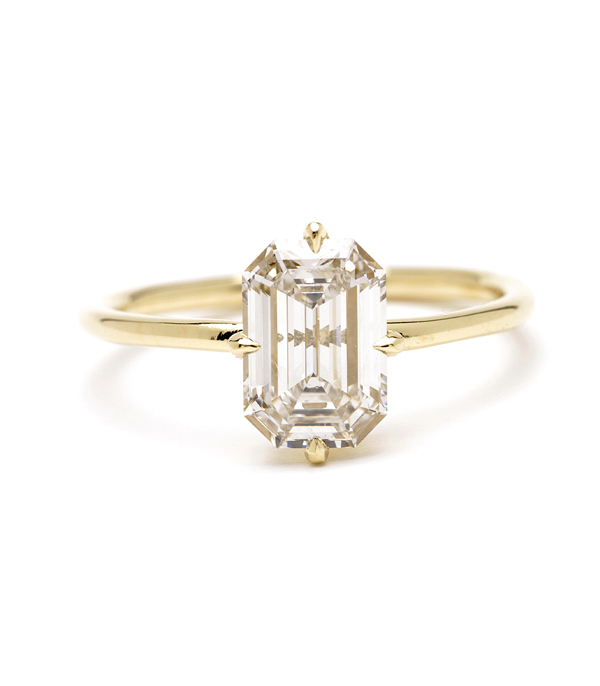 14k Matte Gold Emerald Cut Solitaire Diamond Foundry Lab Created Diamond Engagement Ring designed by Sofia Kaman handmade in Los Angeles using our SKFJ ethical jewelry process.