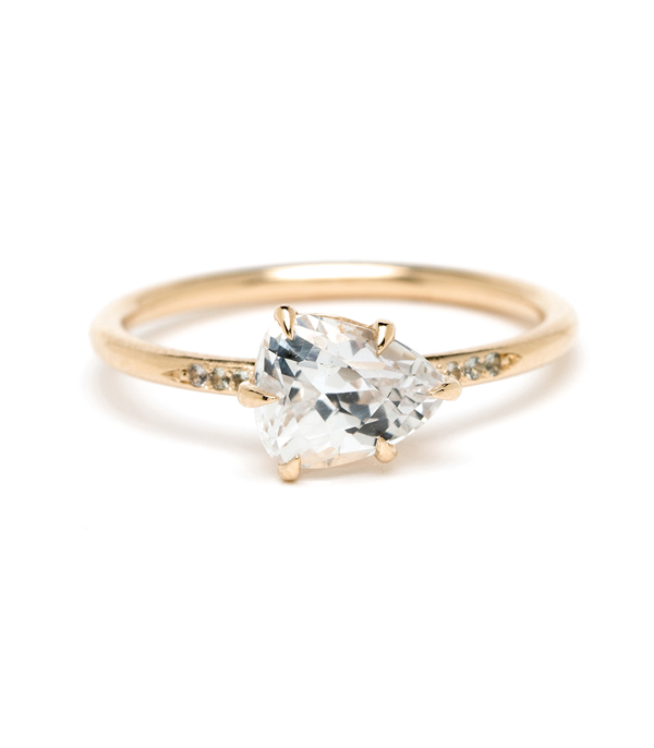 14K Shiny Yellow Gold White Sapphire Boho Diamond Alternative Engagement Ring designed by Sofia Kaman handmade in Los Angeles using our SKFJ ethical jewelry process. This piece has been sold and is in the SK Archive.
