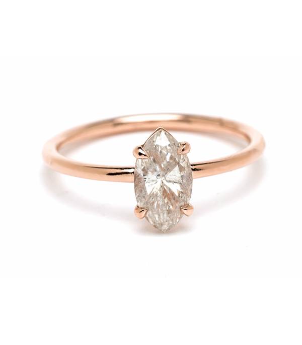 14k Rose Gold Salt and Pepper Marquise Diamond Boho Ethical Engagement Ring designed by Sofia Kaman handmade in Los Angeles using our SKFJ ethical jewelry process. This piece has been sold and is in the SK Archive.