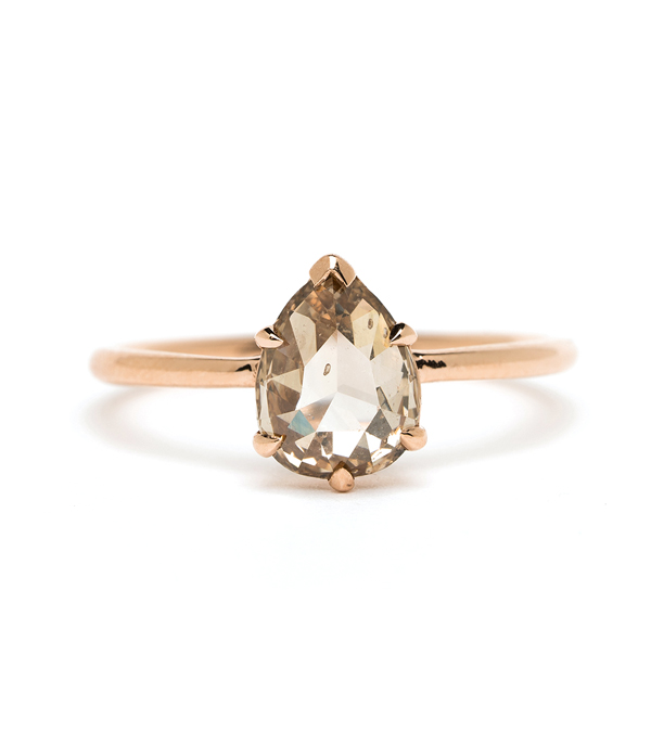14K Shiny Rose Gold Bohemian One of a Kind Pear Shape Champagne Diamond Engagement Ring designed by Sofia Kaman handmade in Los Angeles using our SKFJ ethical jewelry process. This piece has been sold and is in the SK Archive.
