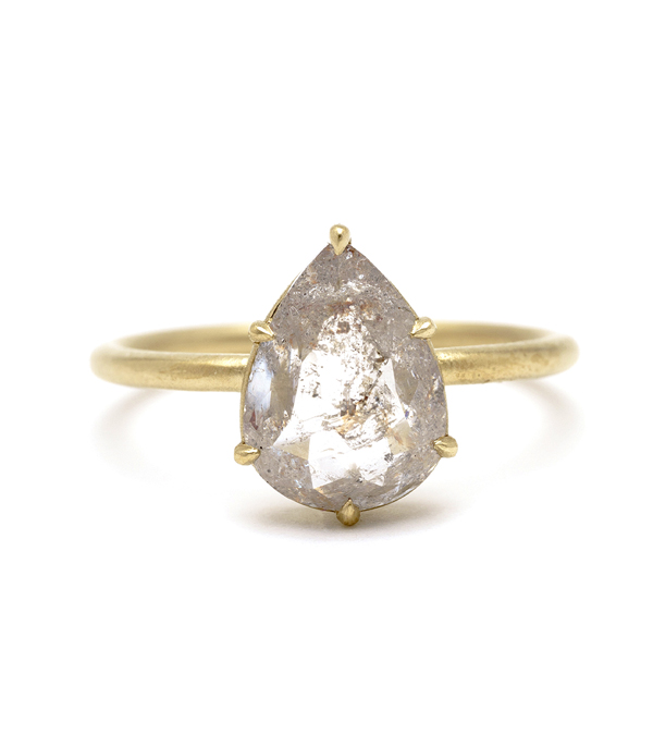 14K Rose Gold One of a Kind Pear Shaped Rose Cut Salt and Pepper Diamond Engagement Ring designed by Sofia Kaman handmade in Los Angeles using our SKFJ ethical jewelry process. This piece has been sold and is in the SK Archive.