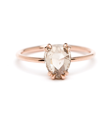 Pear Shape Rose Cut Champagne Diamond Solitaire Handmade Engagement Ring designed by Sofia Kaman handmade in Los Angeles