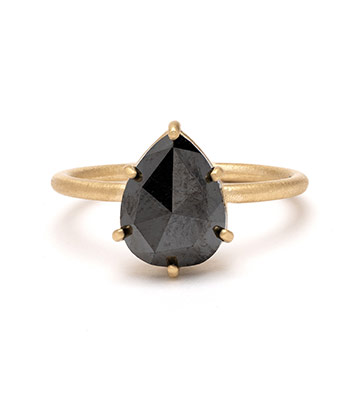 Solitaire 14K Shiny Yellow Gold Black Diamond Engagement Ring for Wedding Bands designed by Sofia Kaman handmade in Los Angeles