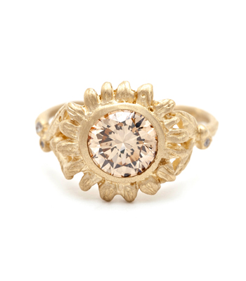 Champagne Diamond Solitaire Natural Organic Twig Sunflower Bohemian Engagement Ring designed by Sofia Kaman handmade in Los Angeles