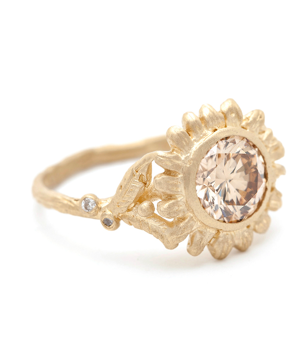 Gold Champagne Diamond Solitaire Sunflower Engagement Ring