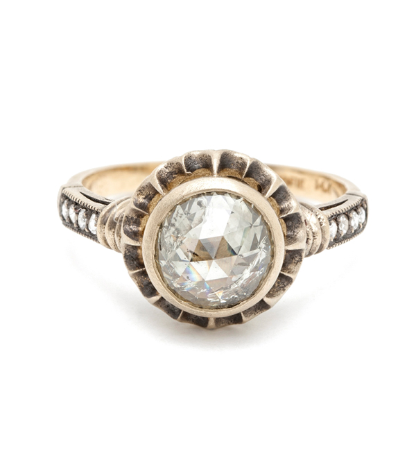 Vintage Inspired Mogul Cut Diamond Solitaire Scalloped Bohemian Engagement Ring designed by Sofia Kaman handmade in Los Angeles using our SKFJ ethical jewelry process. This piece has been sold and is in the SK Archive.