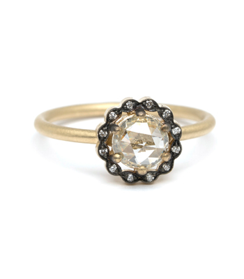 18K Matte Gold Blackened Marquise Diamond Halo Rose Cut Boho Engagement Ring designed by Sofia Kaman handmade in Los Angeles