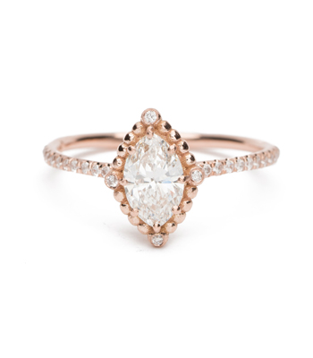 Rose Gold Marquise Diamond Bohemian Engagement Ring designed by Sofia Kaman handmade in Los Angeles