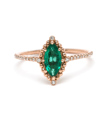 Rose Gold Marquise Emerald Bohemian Ethical Engagement Ring designed by Sofia Kaman handmade in Los Angeles