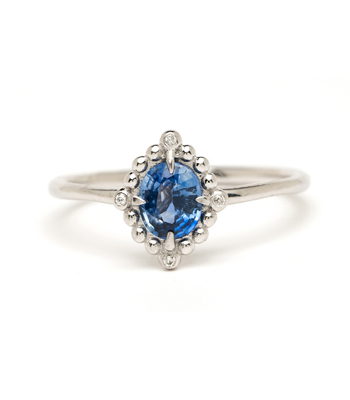 14K White Gold Blue Sapphire One of a Kind Diamond Alternative Engagement Ring designed by Sofia Kaman handmade in Los Angeles