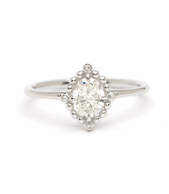 Shiny 14K White Gold Oval Diamond Halo Boho Engagement Ring designed by Sofia Kaman handmade in Los Angeles