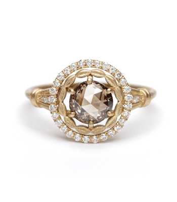 14K Gold Leaf and Diamond Halo Mogul-Cut Champagne Diamond Solitaire One of a Kind Engagement Ring designed by Sofia Kaman handmade in Los Angeles