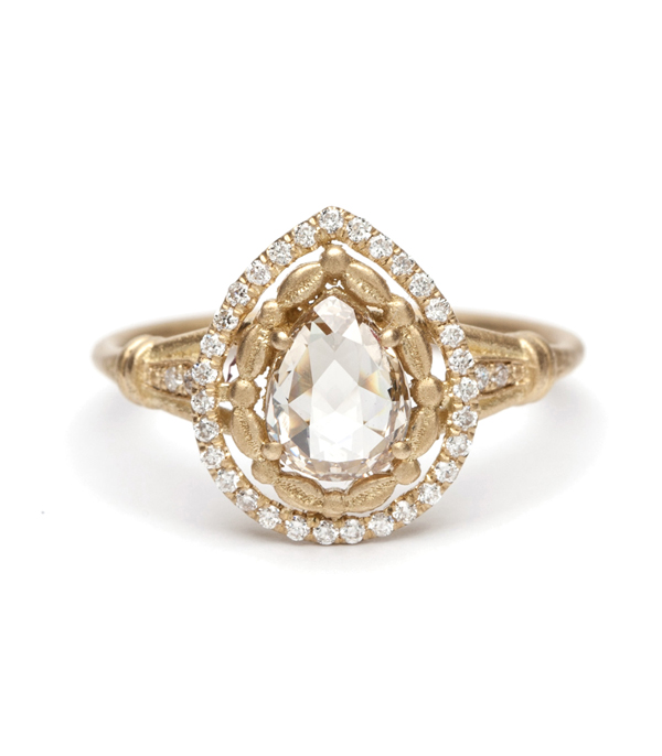 18k Yellow Gold Diamond Halo Pear Shape Rose Cut Champagne Diamond One of a Kind Engagement Ring designed by Sofia Kaman handmade in Los Angeles using our SKFJ ethical jewelry process. This piece has been sold and is in the SK Archive.