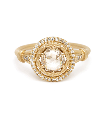 Matte Gold One of a Kind Round Champagne Rose Cut Diamond Engagement Ring designed by Sofia Kaman handmade in Los Angeles