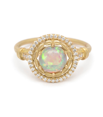 18K Matte Gold Australian Opal Diamond Halo One of a Kind Engagement Ring designed by Sofia Kaman handmade in Los Angeles