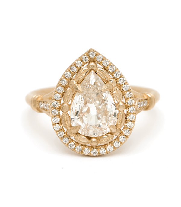 14K Matte Yellow Gold Greek Inspired Diamond Halo Pear Shape Rose Cut Champagne Diamond Engagement Ring designed by Sofia Kaman handmade in Los Angeles using our SKFJ ethical jewelry process.