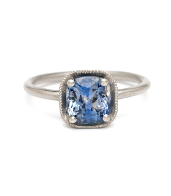 Platinum Cushion Cut Bi-Color Blue Sapphire Boho Engagement Ring designed by Sofia Kaman handmade in Los Angeles
