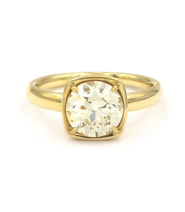 14K Shiny Yellow Gold Antique Solitaire Round Unique Diamond Engagement Ring set in Chunky Bezel designed by Sofia Kaman handmade in Los Angeles using our SKFJ ethical jewelry process.