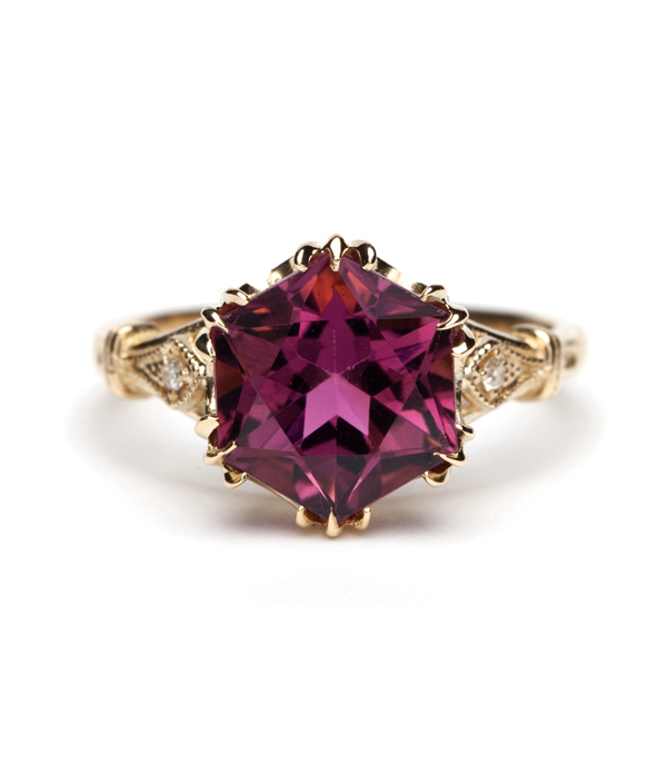 Red Tourmaline Hexagon Bohemian Engagement Ring designed by Sofia Kaman handmade in Los Angeles using our SKFJ ethical jewelry process. This piece has been sold and is in the SK Archive.