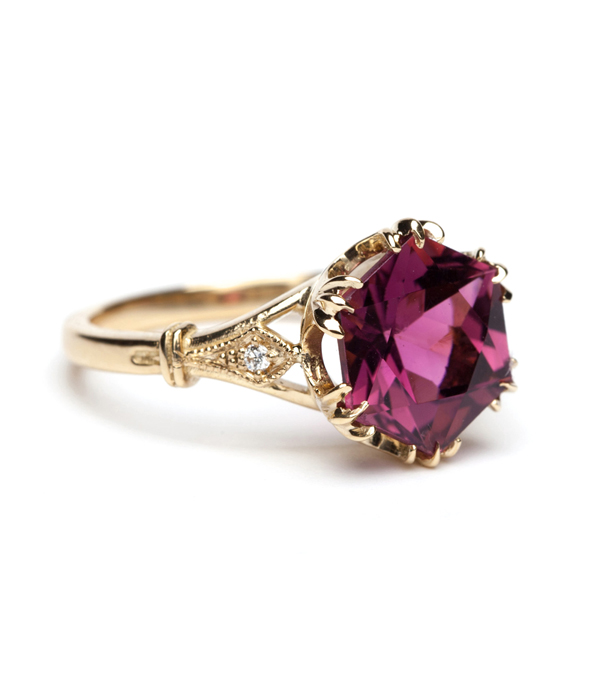 Vintage Inspired Hexagon Tourmaline Solitaire Diamond Accented Engagement Ring