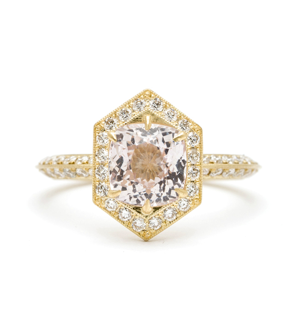 Gold Hexagon Diamon Halo Knife Edge Pink Sapphire Engagement Ring