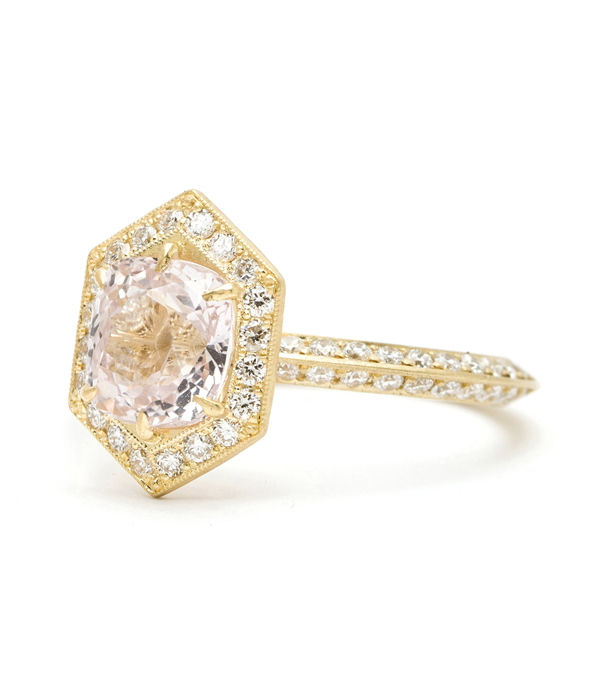 Gold Hexagon Diamon Halo Knife Edge Pink Sapphire Engagement Ring
