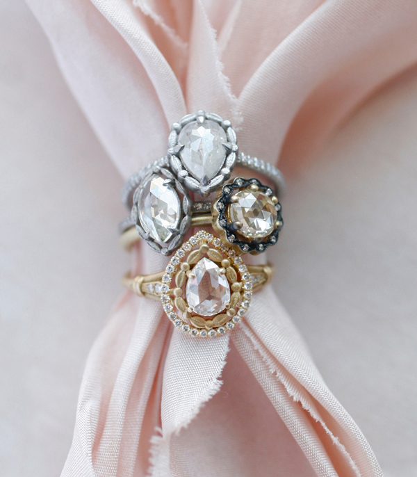 Leafy Halo Solitaire Marquis Rose Cut Stacked Shown