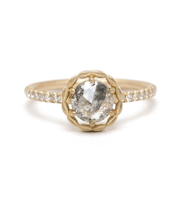 14K Matte Yellow Gold Halo Rose Cut Salt and Pepper Diamond Pave Band Boho Engagement Ring designed by Sofia Kaman handmade in Los Angeles using our SKFJ ethical jewelry process. This piece has been sold and is in the SK Archive.