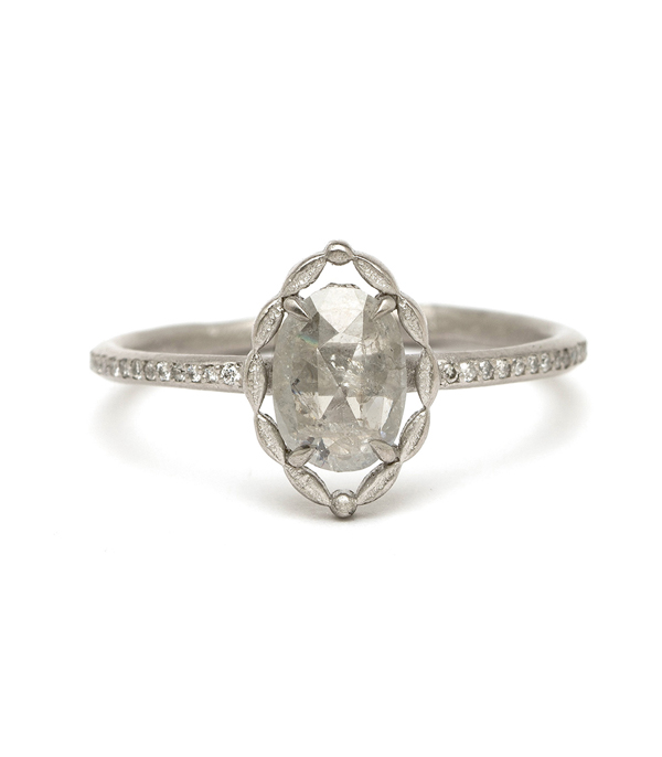 Natural Beauty Bohemian Platinum Marquise Shape Salt and Pepper Diamond Halo Engagement Ring designed by Sofia Kaman handmade in Los Angeles using our SKFJ ethical jewelry process. This piece has been sold and is in the SK Archive.
