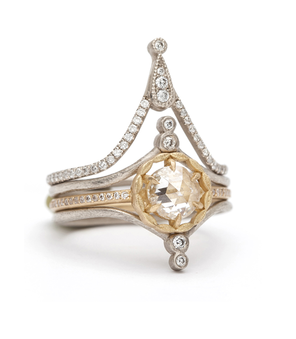 Leafy Halo Solitaire Round Rose Cut Stacked