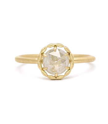 18K Gold Leafy Halo Rose Cut Rustic Salt and Pepper Diamond One of a Kind Boho Engagement Ring designed by Sofia Kaman handmade in Los Angeles