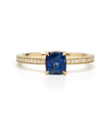 Gold Diamond Pave Blue Sapphire Solitaire Boho Engagement Ring designed by Sofia Kaman handmade in Los Angeles