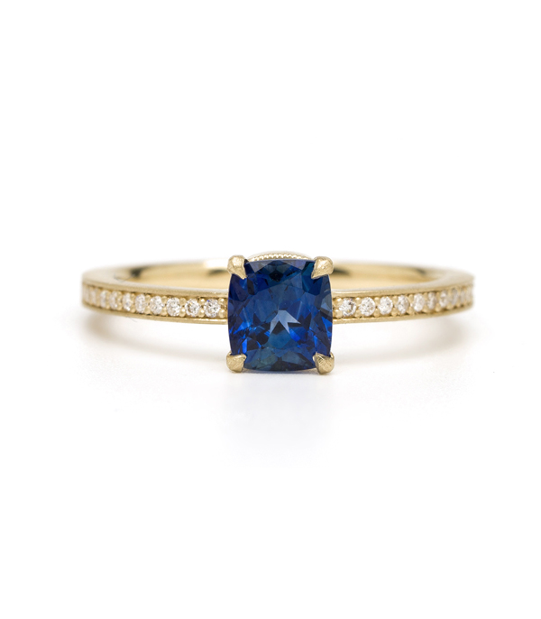 Gold Diamond Pave Blue Sapphire Solitaire Boho Engagement Ring designed by Sofia Kaman handmade in Los Angeles using our SKFJ ethical jewelry process. This piece has been sold and is in the SK Archive.