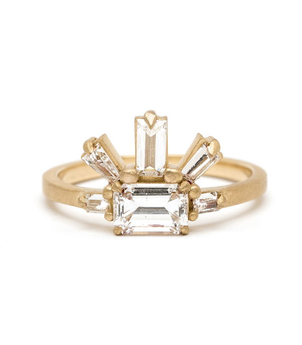 18K Matte Yellow Gold One of a Kind Emerald Cut Diamond Engagement Ring designed by Sofia Kaman handmade in Los Angeles using our SKFJ ethical jewelry process.