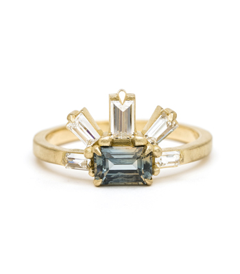 Emerald Cut 18k Matte Gold One of a Kind Emerald Cut Natural Sapphire Boho Engagement Ring designed by Sofia Kaman handmade in Los Angeles